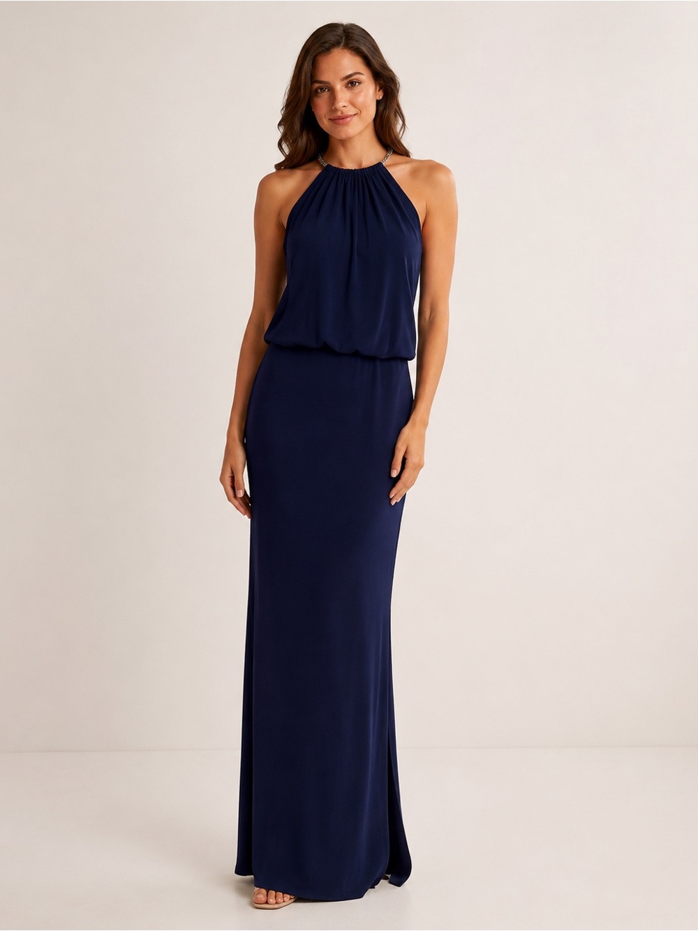 Jessica Simpson Navy Halter Maxi Dress Size S Open Back Chain Detail